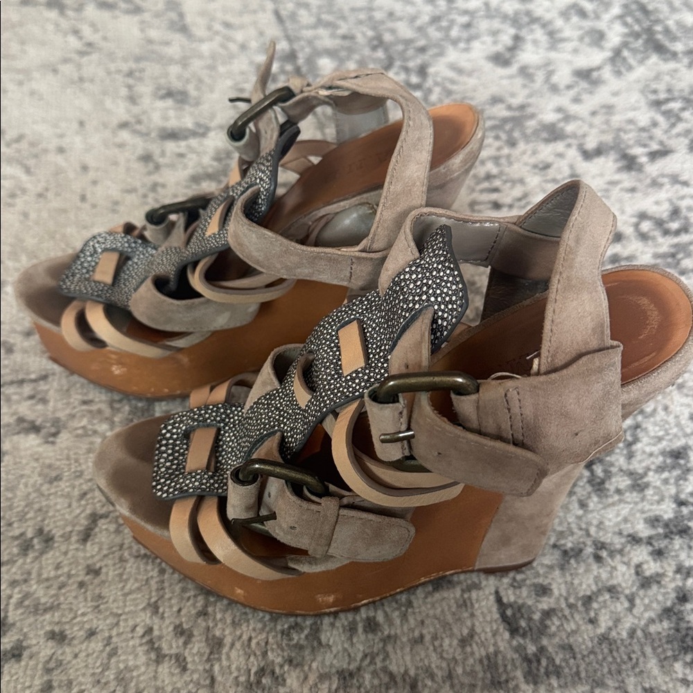 L.A.M.B. Taupe Suede Wedge Sandals with Embellished Straps sz 8 used see info